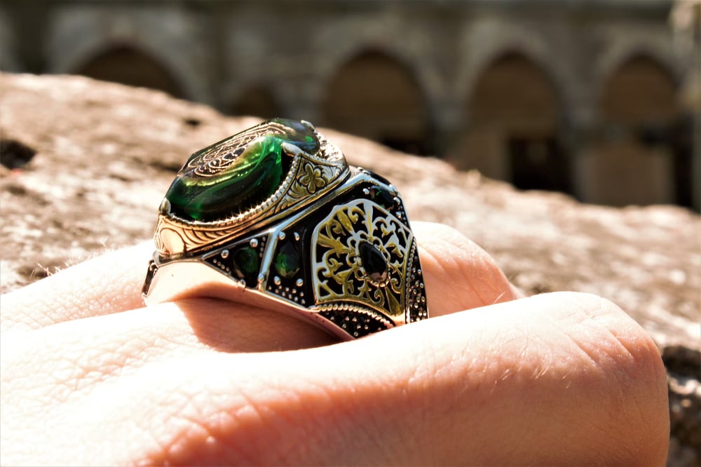 Handmade Seal of Solomon Ring, Green Ottoman Ring