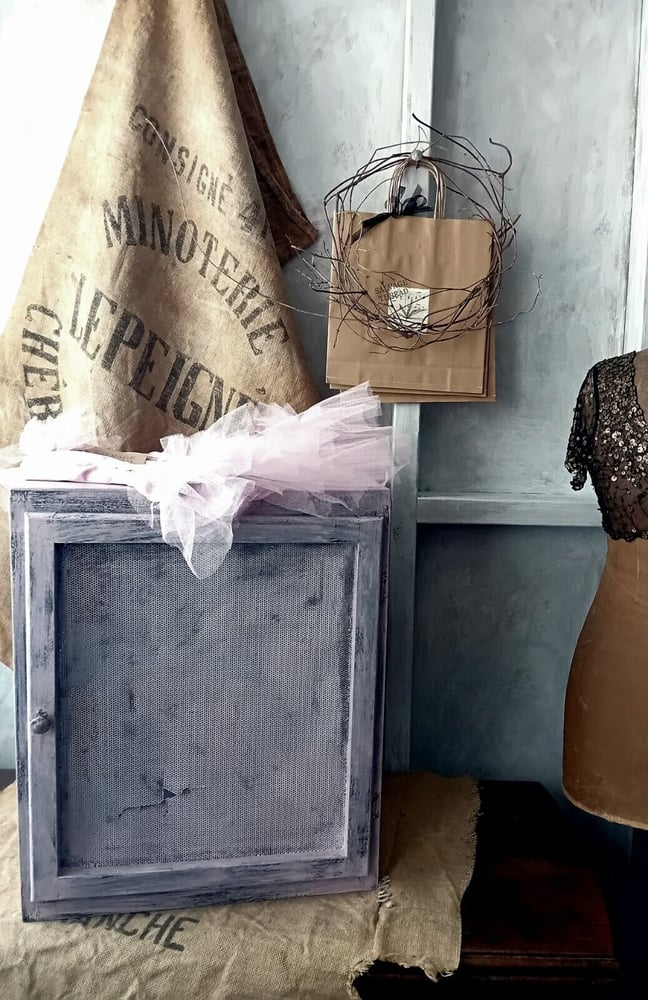 Image of Vintage Steel Mesh Timber Cupboard Pink Charcoal Shabby Distressed Paint Finish