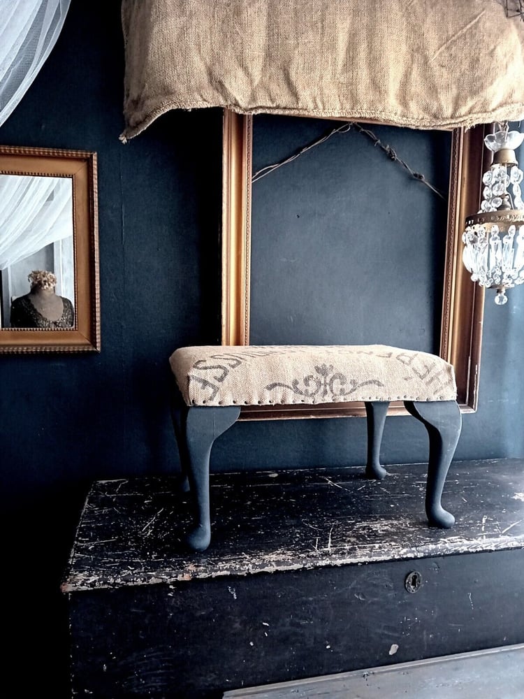 Image of French Printed Hessian Rustic Upholstered Footstool Dark Grey Frame & Legs Exposed Tacks 