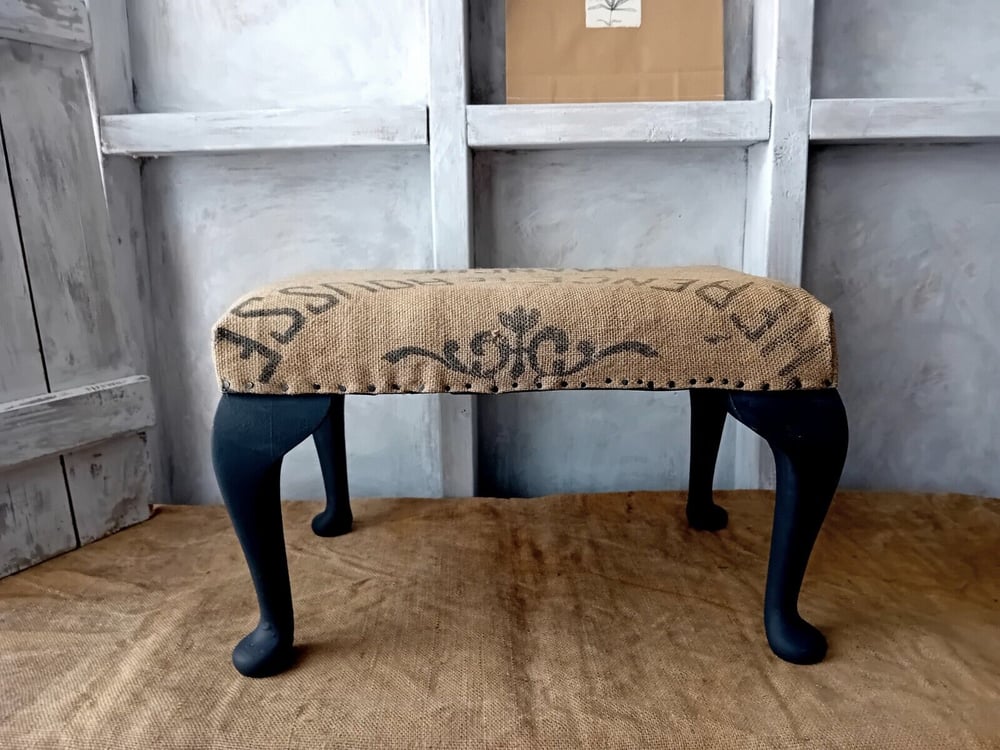 Image of French Printed Hessian Rustic Upholstered Footstool Dark Grey Frame & Legs Exposed Tacks 