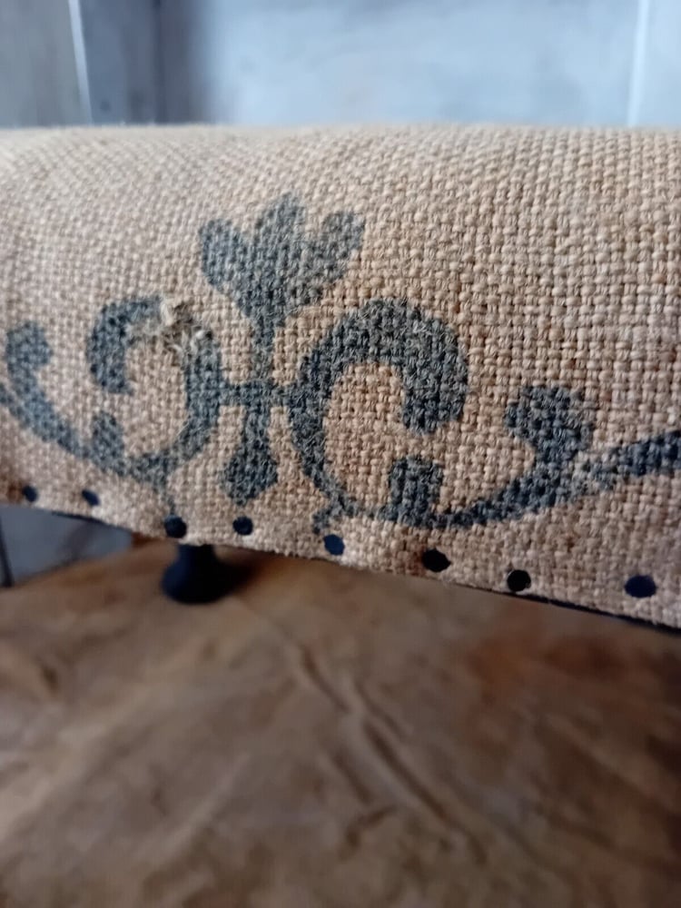 Image of French Printed Hessian Rustic Upholstered Footstool Dark Grey Frame & Legs Exposed Tacks 