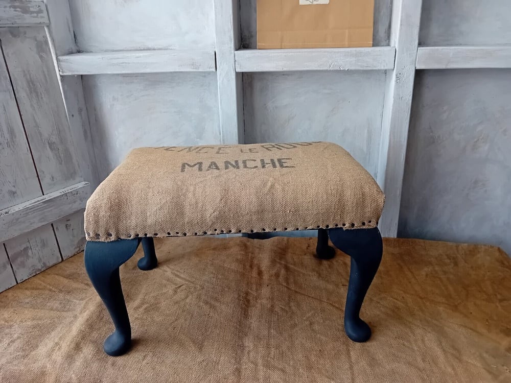 Image of French Printed Hessian Rustic Upholstered Footstool Dark Grey Frame & Legs Exposed Tacks 