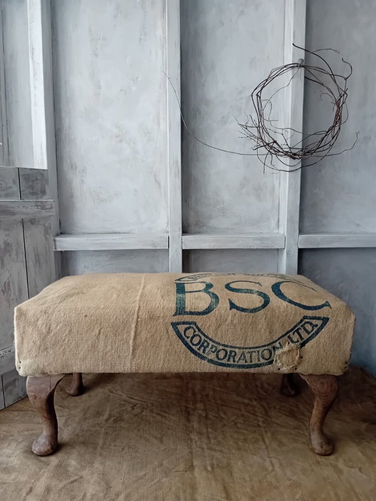 Image of Deconstructed Antique Vintage Footstool Printed Hessian Rustic Upholstered