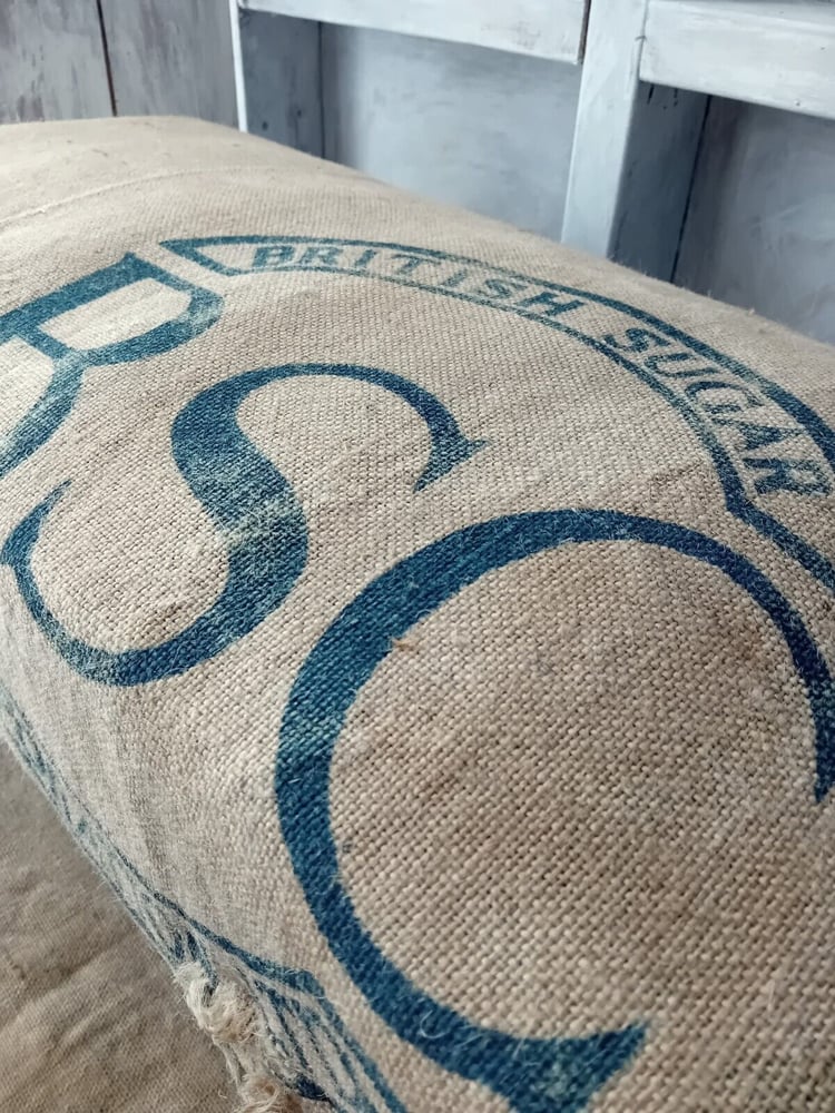 Image of Deconstructed Antique Vintage Footstool Printed Hessian Rustic Upholstered