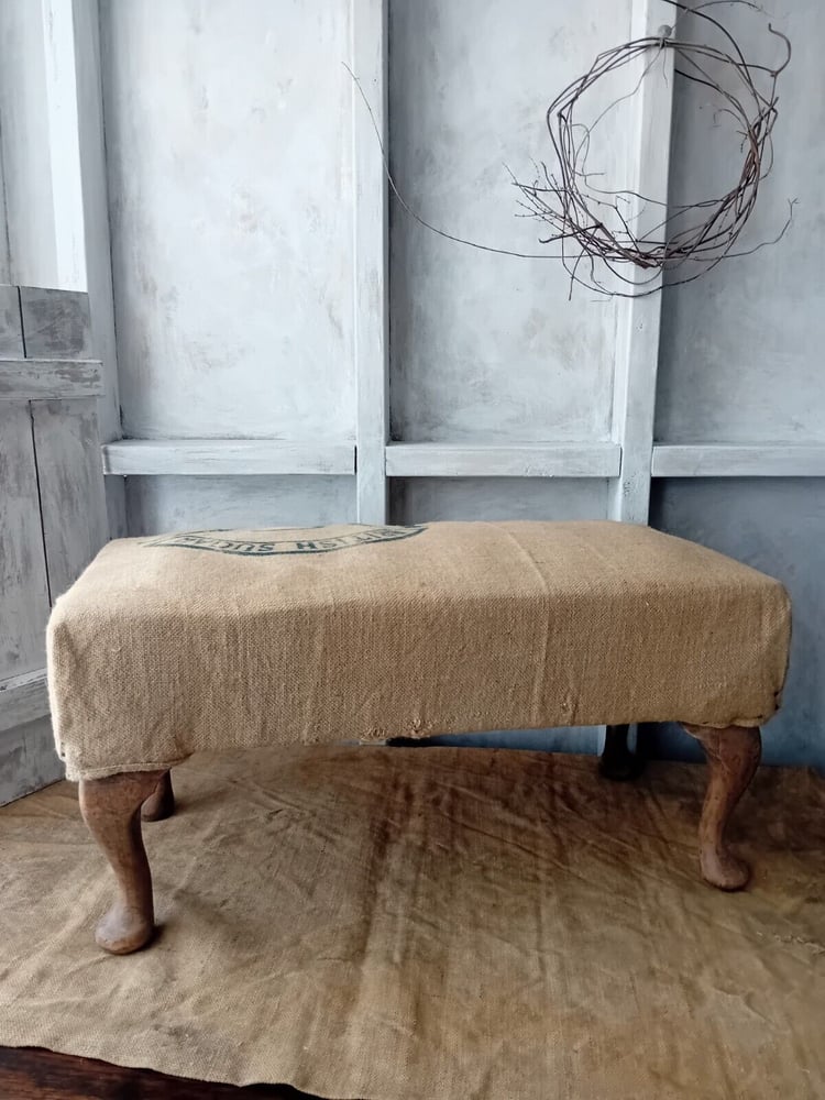 Image of Deconstructed Antique Vintage Footstool Printed Hessian Rustic Upholstered