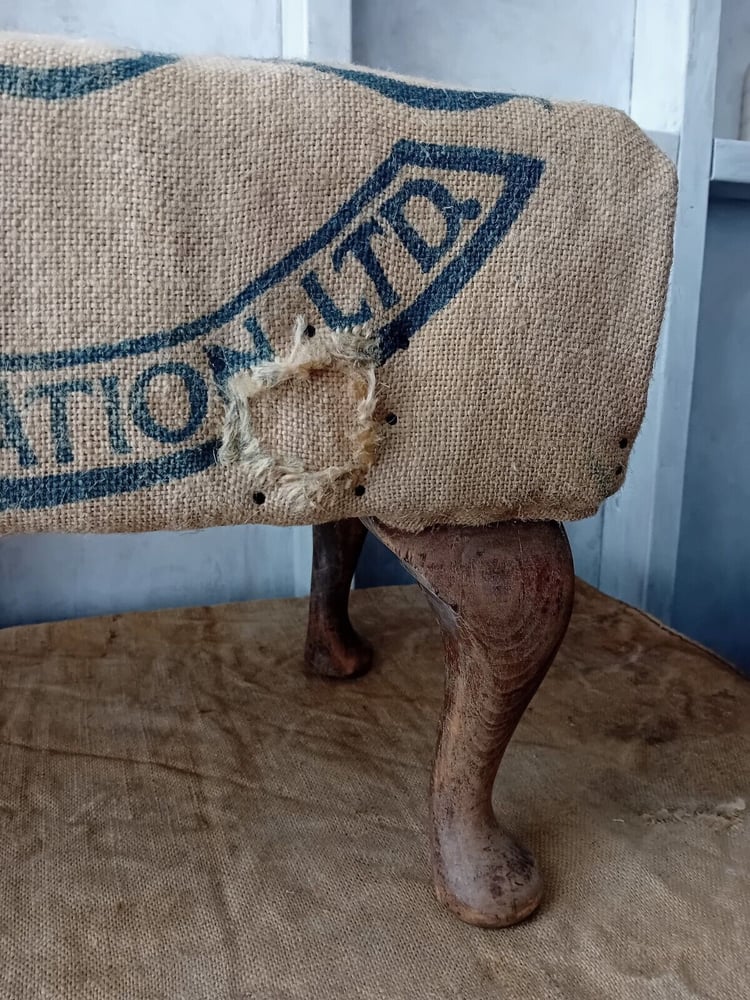 Image of Deconstructed Antique Vintage Footstool Printed Hessian Rustic Upholstered