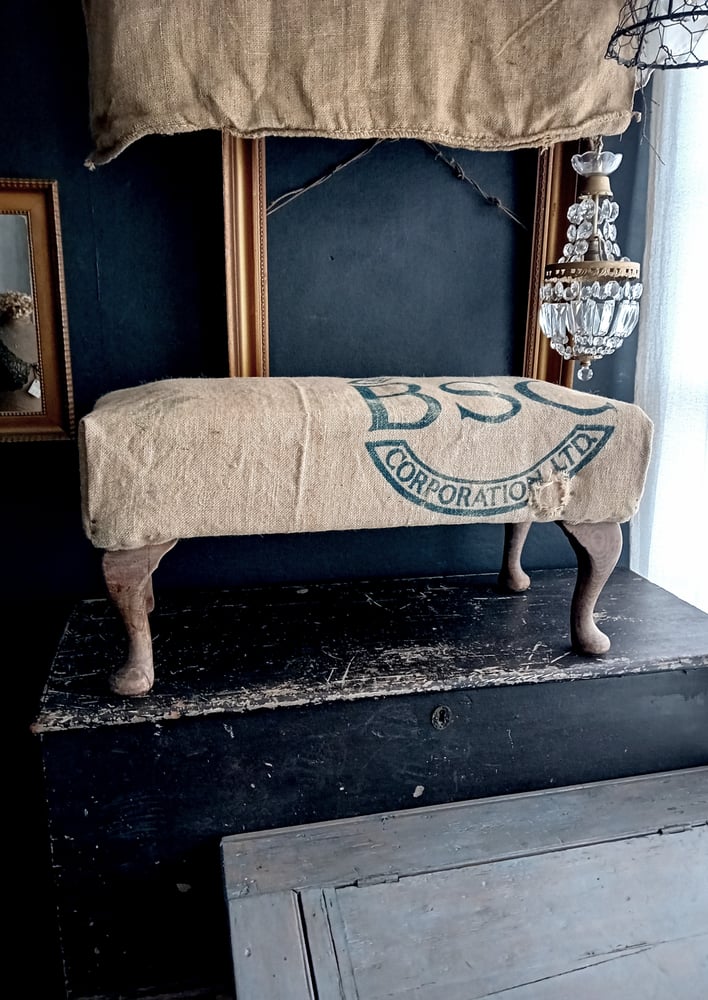 Image of Deconstructed Antique Vintage Footstool Printed Hessian Rustic Upholstered