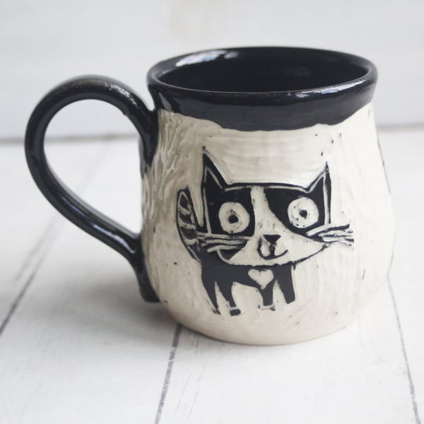Image of Black and White Cat Sgraffito Mug, Hand Carved Kitty Coffee Cup, 12 oz., Made in USA