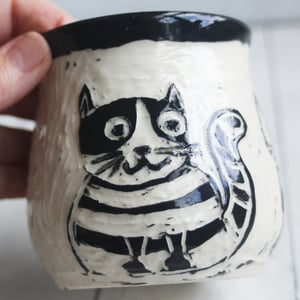 Image of Black and White Cat Sgraffito Mug, Hand Carved Kitty Coffee Cup, 12 oz., Made in USA