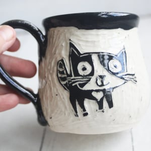 Image of Black and White Cat Sgraffito Mug, Hand Carved Kitty Coffee Cup, 12 oz., Made in USA