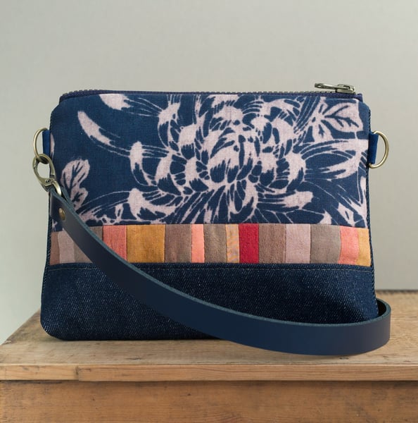 Image of Blue Chrysanthemum, shoulder bag with crossbody leather strap