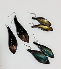 Image 3 of Enamel Drop Earrings - Leaves Blue Medium Transparent Water Blue Enamel on Raw Copper (EJ017)