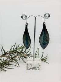 Image 1 of Enamel Drop Earrings - Leaves Blue Medium Transparent Water Blue Enamel on Raw Copper (EJ017)