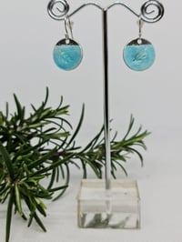 Image 3 of Sterling Silver Enamel Earrings - Sky Blue Enamel with a stamped Leaf motif on Fine Silver (SJ001)