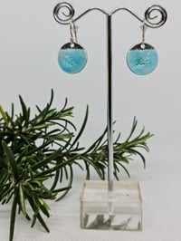 Image 4 of Sterling Silver Enamel Earrings - Sky Blue Enamel with a stamped Leaf motif on Fine Silver (SJ001)