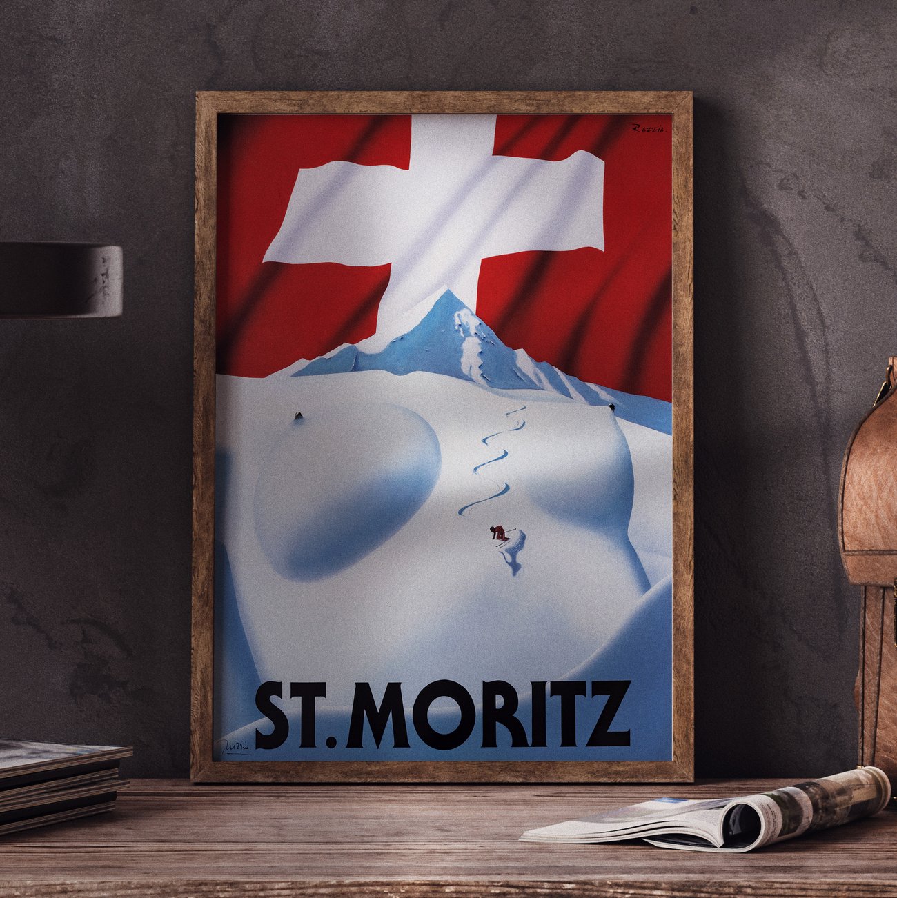 A captivating travel poster by Razzia celebrating the glamour and serenity of St. Moritz, the legendary Swiss alpine resort. The composition features a stylized snow-covered mountain, its slopes forming graceful, sculptural curves that blend seamlessly into the contours of the Swiss flag above. A lone skier carves a delicate winding path down the pristine white surface, adding a dynamic touch of movement and scale. Set against a bold red backdrop dominated by the iconic white cross, the artwork evokes both national pride and timeless elegance. The word ST. MORITZ anchors the design in striking black typography at the bottom. With its minimalist precision, refined palette, and sense of playful sophistication, this poster perfectly embodies Razzia’s mastery of transforming travel imagery into modern visual art.