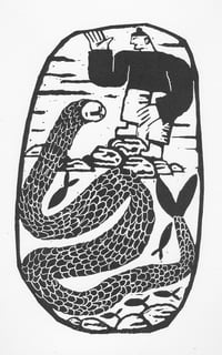 Image of Linoleumstryk - Sømanden og søslangen hilser på hinanden