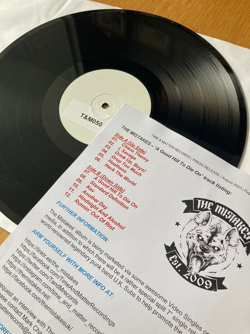 TEST PRESSING T&M 050 LP - The Mistakes - 'A Good Hill To Die On'
