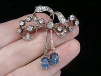 Image 4 of Edwardian 18ct silver old cut diamond 1.50ct+ natural sapphire bow brooch 