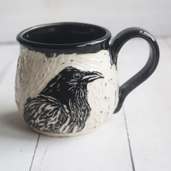 Image of Black Crow Sgraffito Mug, Beautiful Carved Raven Coffee Cup, 12 oz., Made in USA