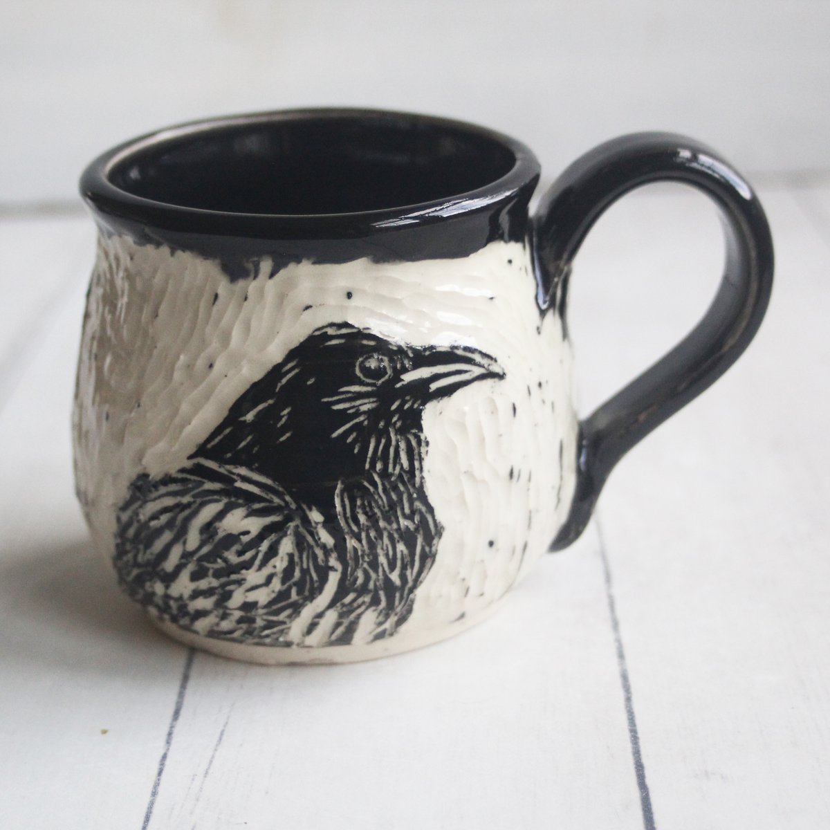 Andover Pottery — Black Crow Sgraffito Mug, Beautiful Carved Raven 