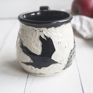 Image of Black Crow Sgraffito Mug, Beautiful Carved Raven Coffee Cup, 12 oz., Made in USA