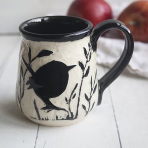 Image of Black Bird Sgraffito Garden Mug, 12 oz. Hand Carved Botanical Design Specialty Art Mug, Made in USA