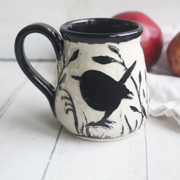 Image of Black Bird Sgraffito Garden Mug, 12 oz. Hand Carved Botanical Design Specialty Art Mug, Made in USA