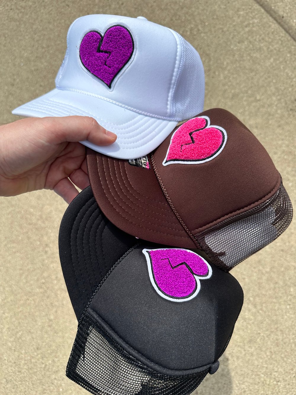 Image of "Broken Heart" Chenille Trucker Caps (Purple/Pink)