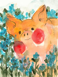 Pig with Blue Flowers - Print