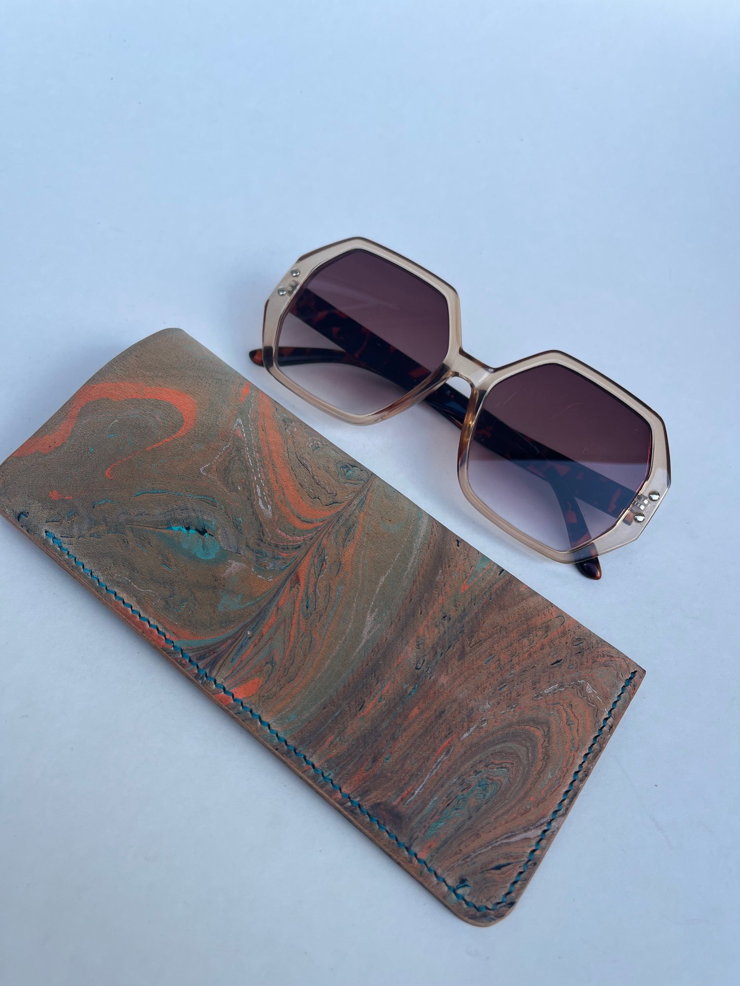 Image of Muted Turquoise/Orange Marbled Sunglasses Case