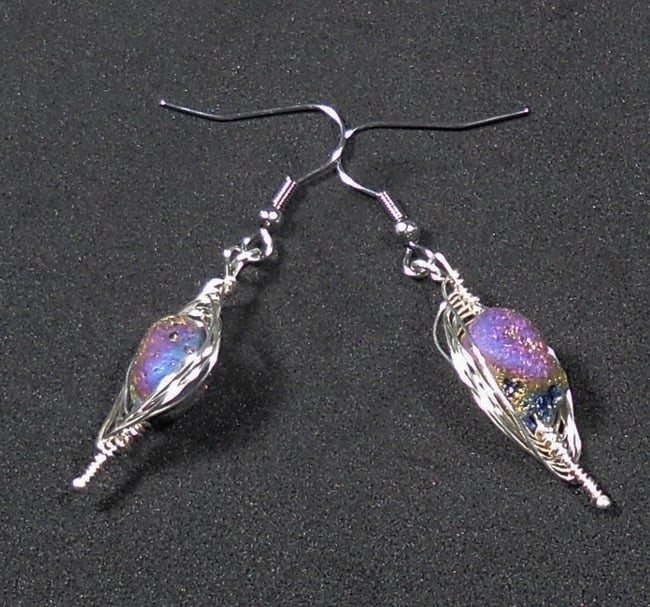 Rainbow Druzy herringbone  silver wrapped earrings