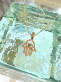 Image 2 of 14k diamond & turquoise hamsa hand pendant 