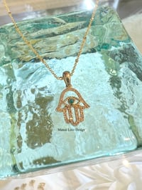 Image 1 of 14k diamond & turquoise hamsa hand pendant 
