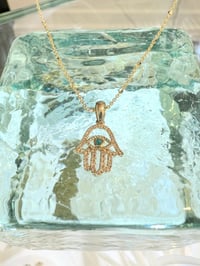 Image 3 of 14k diamond & turquoise hamsa hand pendant 