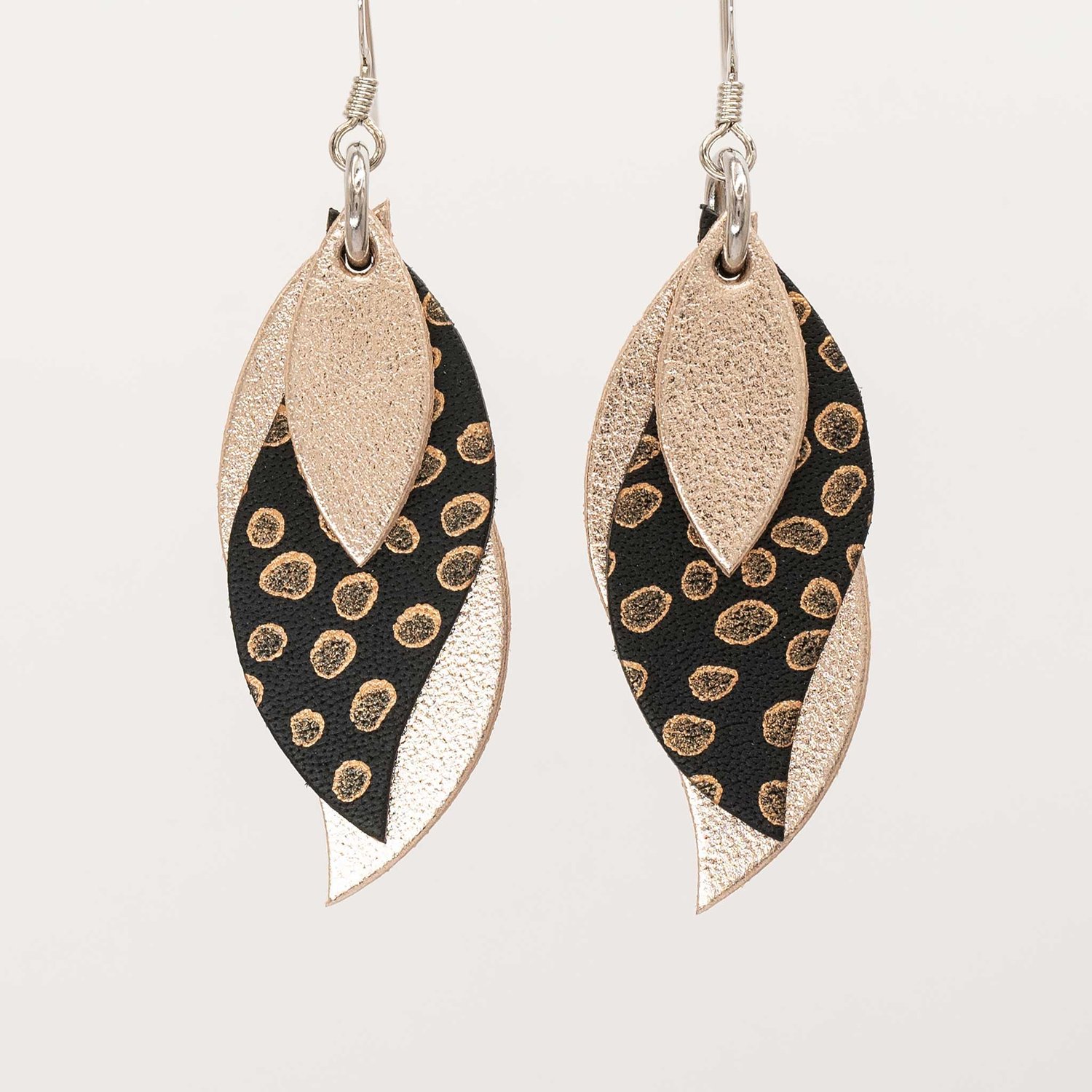 Image of andmade Australian leather leaf earrings - Rose gold and bronze spot on black [LBS-327]