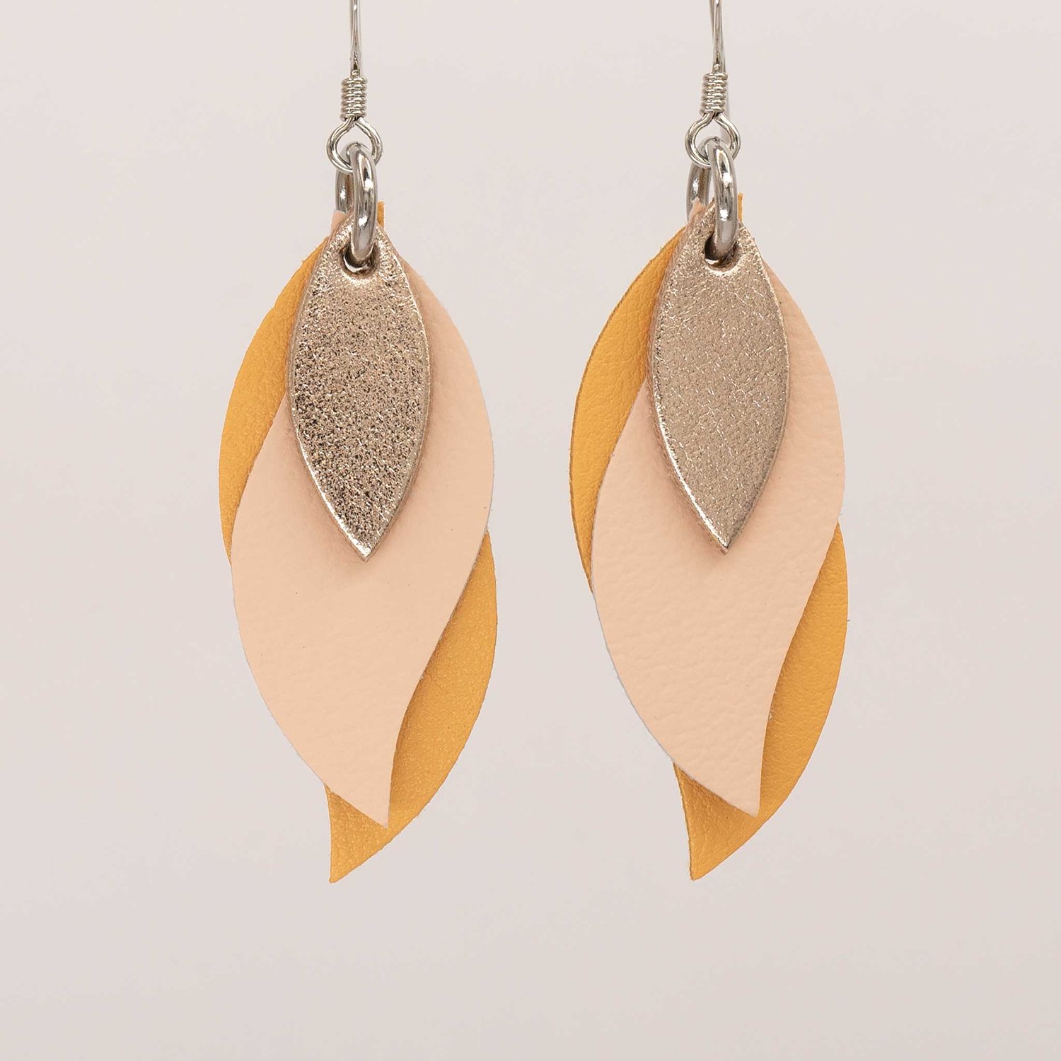 Image of Handmade Australian leather leaf earrings - Rose gold, pale peach, soft apricot [LRP-542]