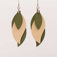 Image 1 of Australian leather leaf earrings - Olive and natural [LON-532]