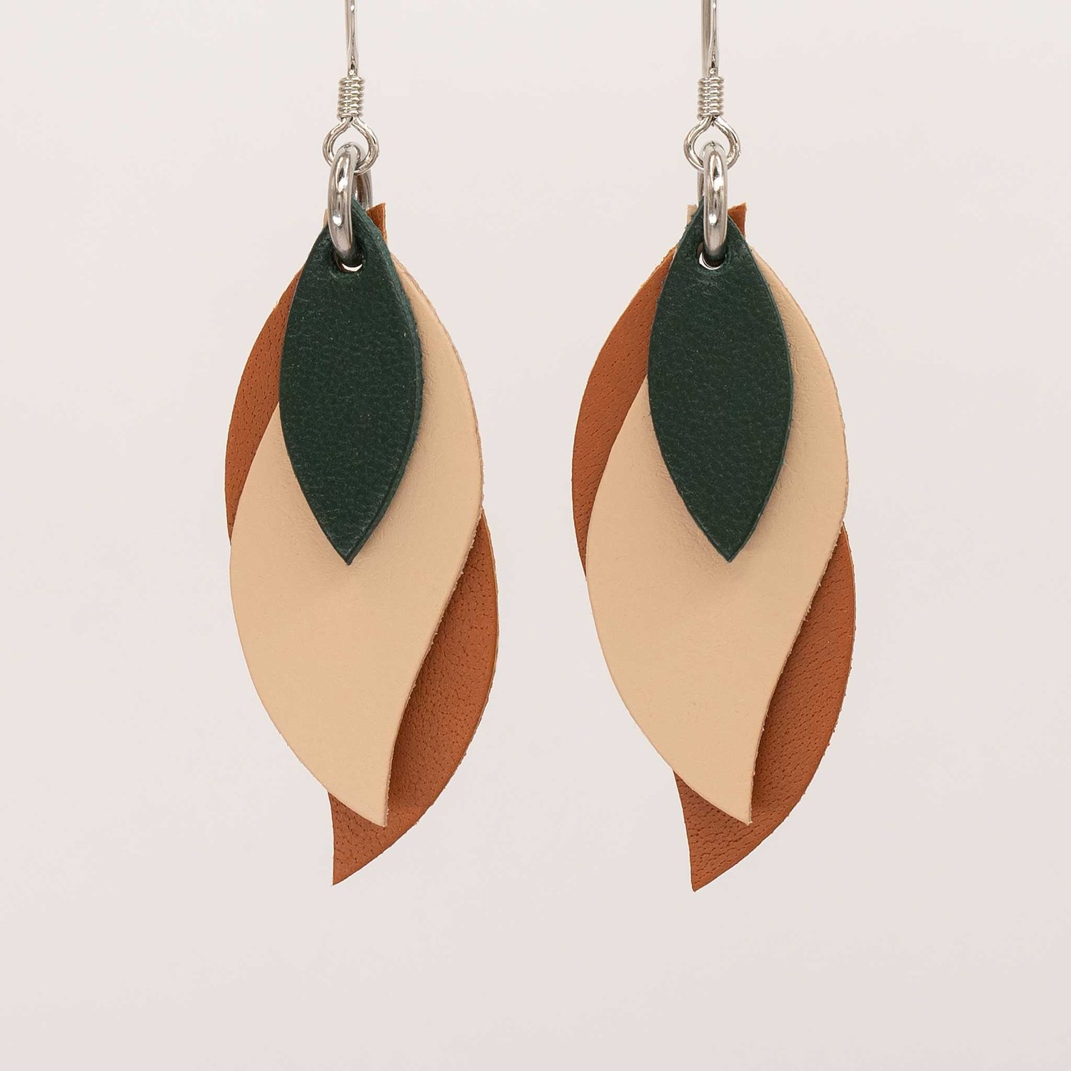 Image of Handmade Australian leather leaf earrings - Dark green, natural, saddletan