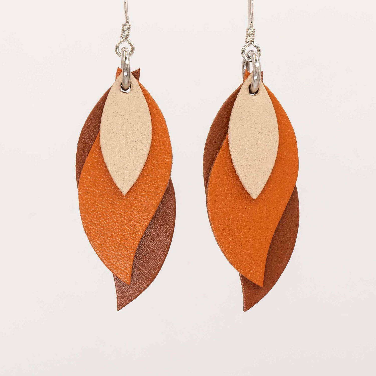 Image of Handmade Australian leather leaf earrings - Beige, warm orange, saddletan brown [LOB-322]