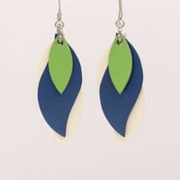Image 1 of Handmade Australian leather leaf earrings - Lime green, navy blue, cream [LGB-064]