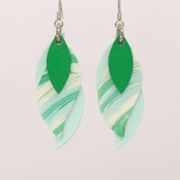 Image 1 of Handmade Australian leather leaf earrings - Fern green, painted green and baby blue, mint [LPG-132]