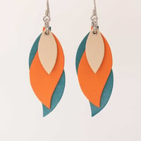 Image 1 of Handmade Australian leather leaf earrings - Beige, orange, teal green [LOT-186]