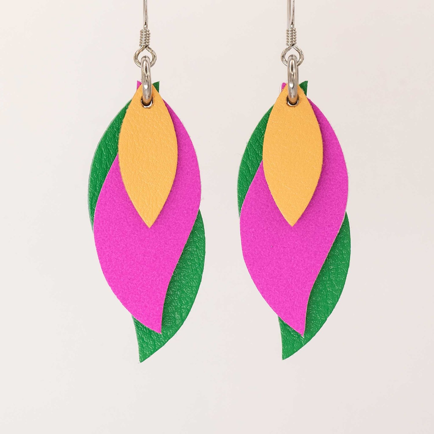 Image of Handmade Australian leather leaf earrings - Soft apricot orange, hot pink, fern green [LPG-431]