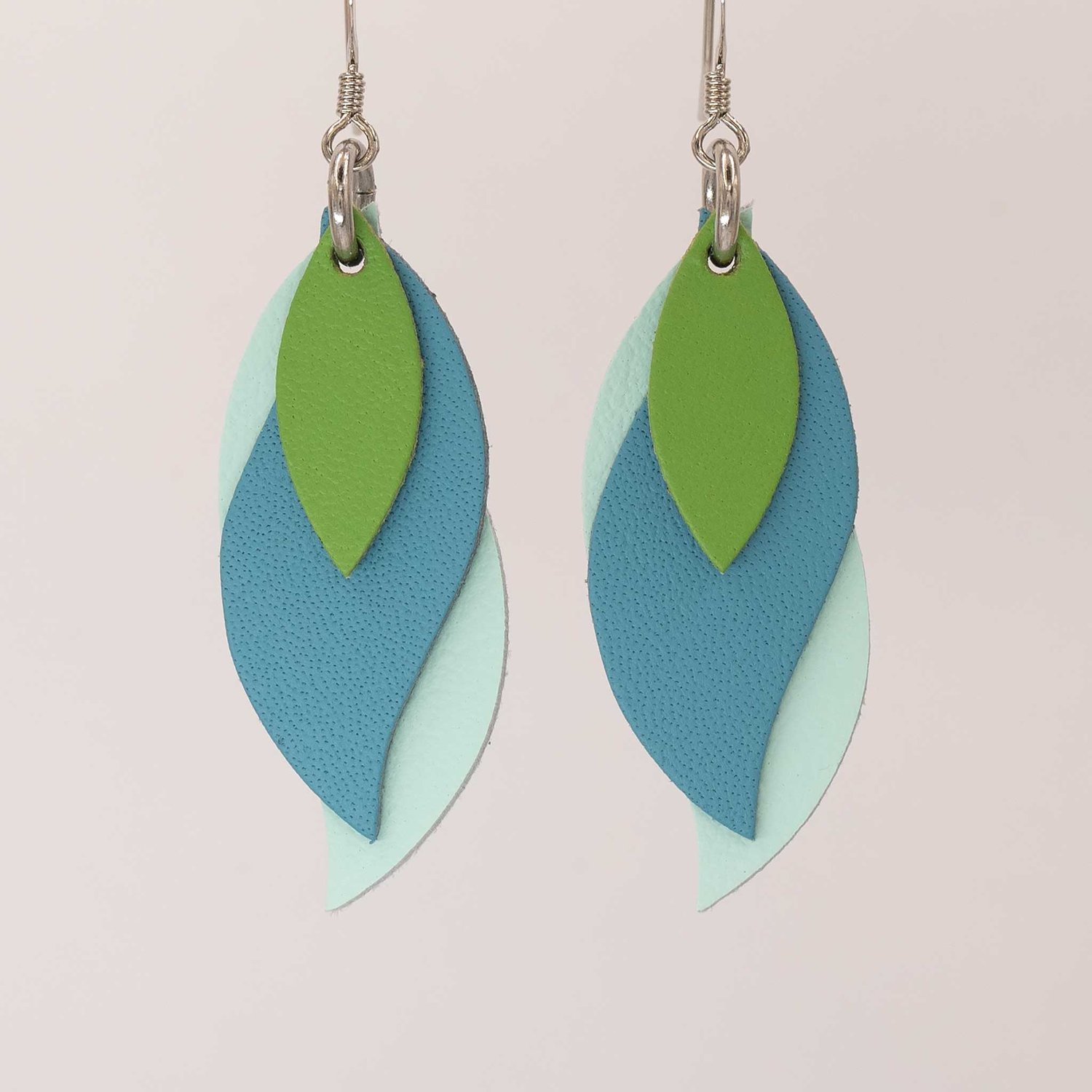 Image of Handmade Australian leather leaf earrings - Lime green, blue, mint green [LBG-517]