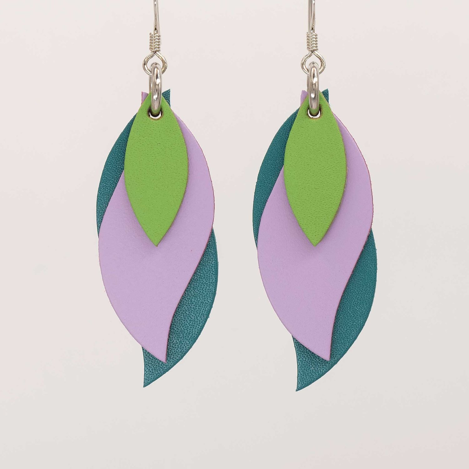 Image of Handmade Australian leather leaf earrings - Lime green, purple, teal green [LGP-629]
