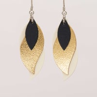Image 1 of Handmade Australian leather leaf earrings - Dark navy, rich gold, ivory [LGD-192]