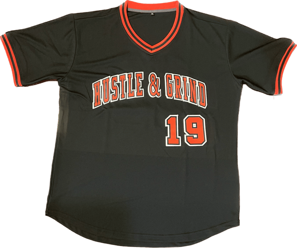 Image of Hustle & Grind Baseball Jersey Black w/Red & White Letters