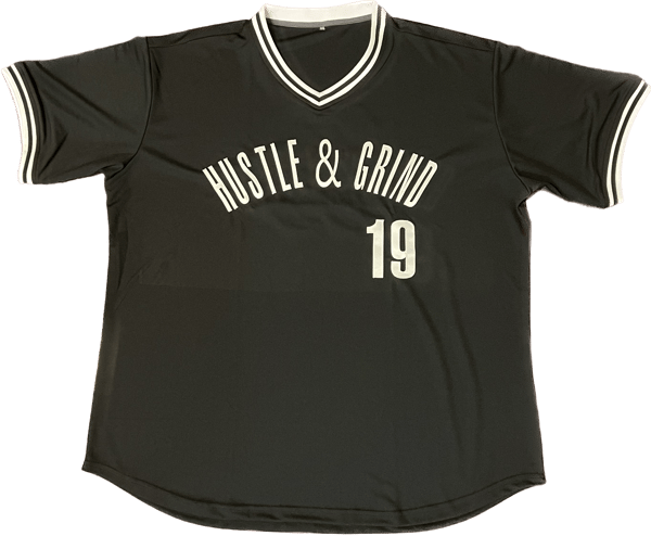 Image of Hustle & Grind Baseball Jersey Black w/white letters.