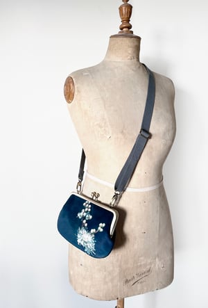 Image of Meadowsweet flowers, velvet shoulder bag with crossbody shoulder strap